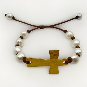 Baroque Pearls & Cross Bracelet Brown Cord Bolo Gold Tone Religious Stackable